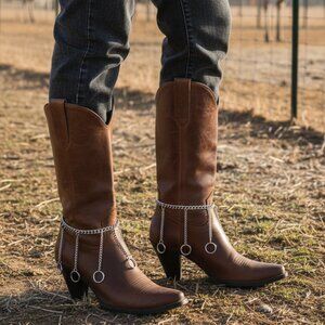 Women Silver Metal Boot Chain Bracelet Shoe Anklet Dangle Long Ring Charm SET